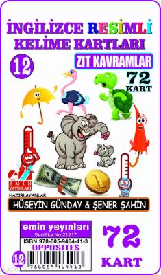 İngilizce 12. Zıt Kavramlar / Resimli Kelime Kartları 72Kart