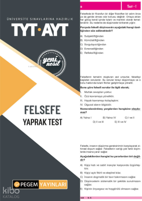 Pegem Akademi Yayıncılık Tyt-Ayt Felsefe Yaprak Test